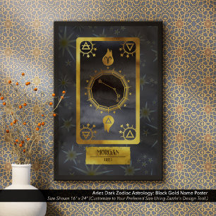 Aries Dark Zodiac Astrology: Black Gold Name Poster