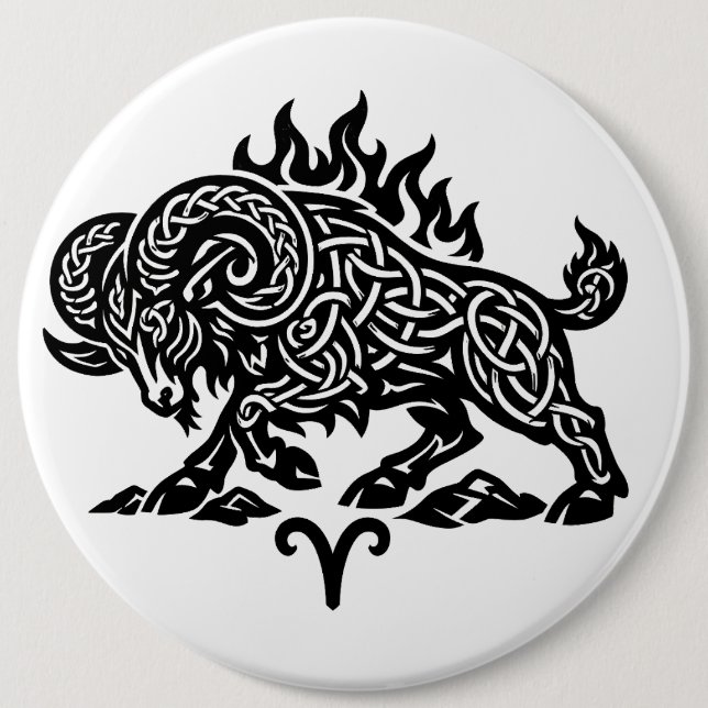 Aries Fire‑Ram – Celtic Haunted Ink Zodiac Button (Front)