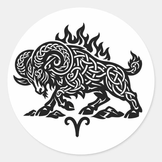 Aries Fire‑Ram – Celtic Haunted Ink Zodiac Classic Round Sticker (Front)