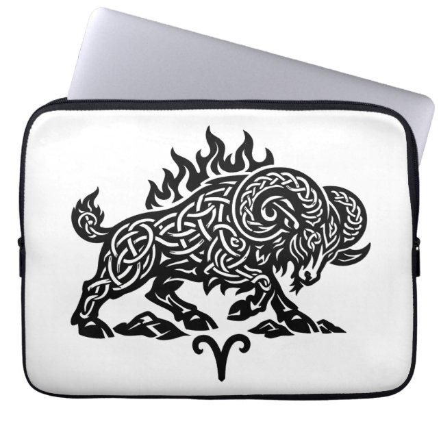 Aries Fire‑Ram – Celtic Haunted Ink Zodiac Laptop Sleeve (Front)