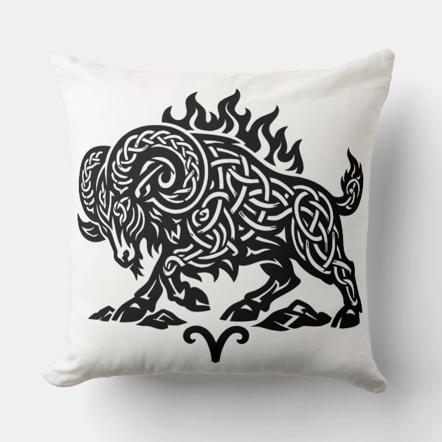 Aries Fire‑Ram – Celtic Haunted Ink Zodiac Throw Pillow (Front)