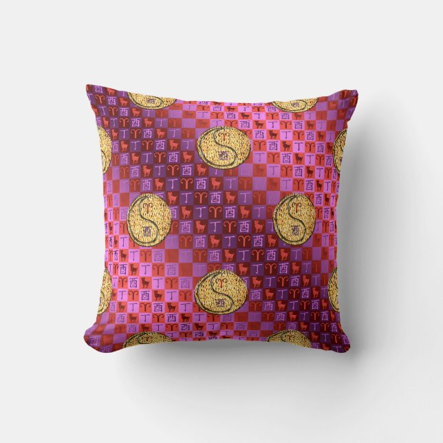 Aries & Fire Rooster Throw Pillow (Front)