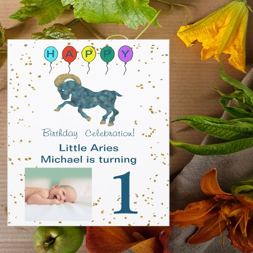 Aries First Birthday Gold  Balloons  Photo Invitation