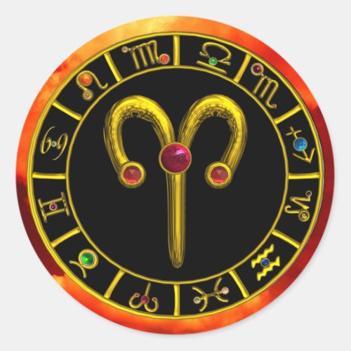 ARIES  GOLD ZODIAC BIRTHDAY JEWEL ASTROLOGY CHART CLASSIC ROUND STICKER