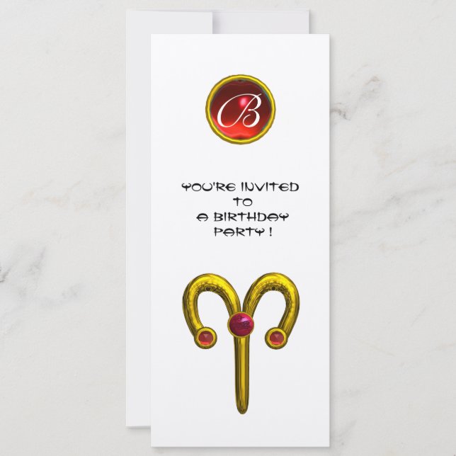 ARIES GOLD ZODIAC BIRTHDAY RED RUBY MONOGRAM White Invitation (Front)