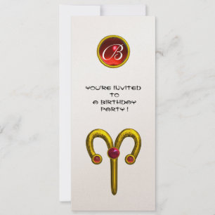 ARIES GOLD ZODIAC BIRTHDAY RED RUBY MONOGRAM White Invitation