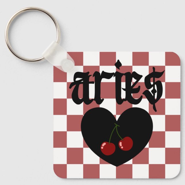 Aries Gothic Aesthetic Checkered Cherry Design Keychain (Front)