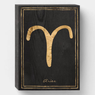 Aries hammered gold stylized astrology symbol  wooden box sign