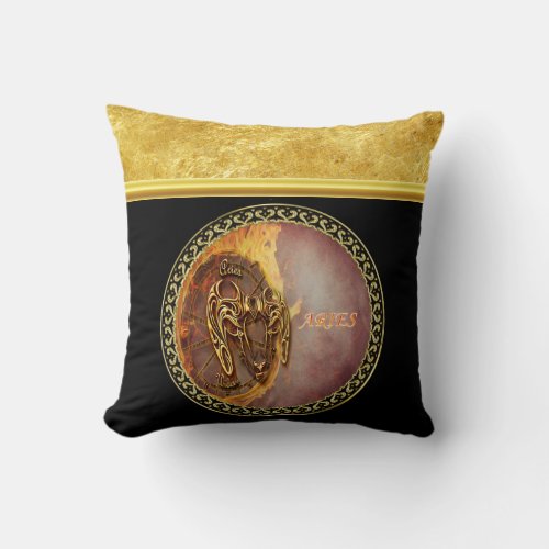 Aries Horoscope with gold foil texture with black Throw Pillow