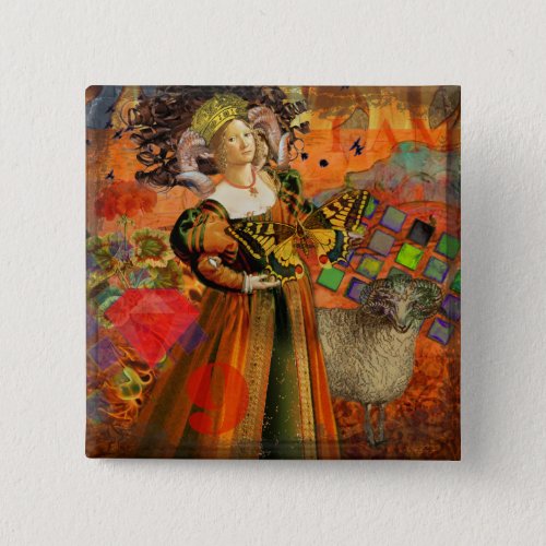 Aries Orange Woman Gothic Illustration Button