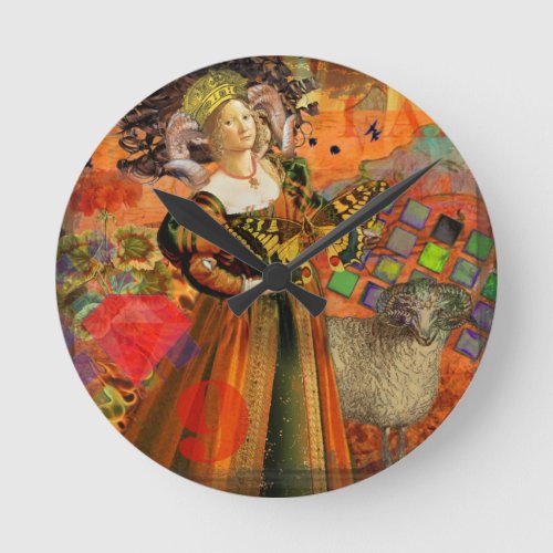 Aries Orange Woman Gothic Illustration Round Clock