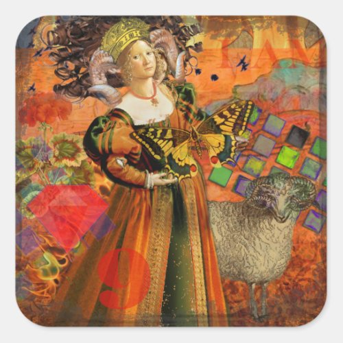 Aries Orange Woman Gothic Illustration Square Sticker