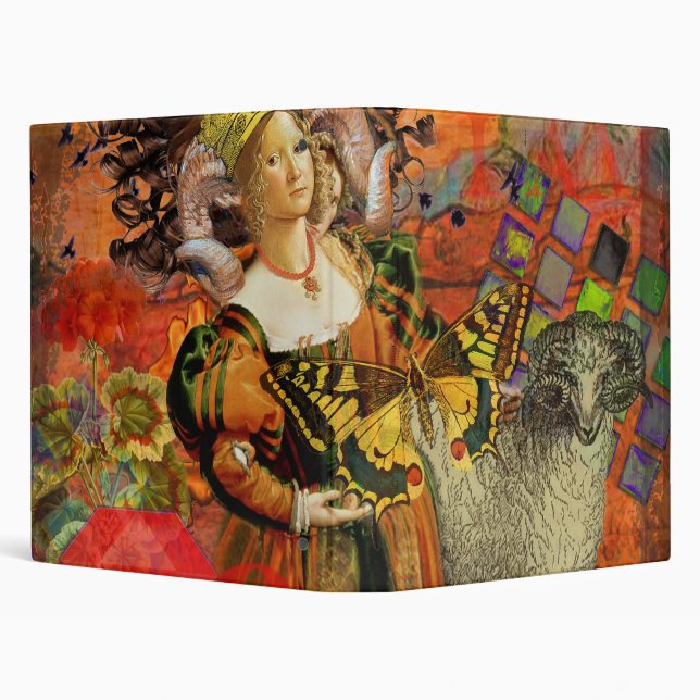 Aries Orange Woman: Gothic Ram Antique Art Collage 3 Ring Binder (Background)
