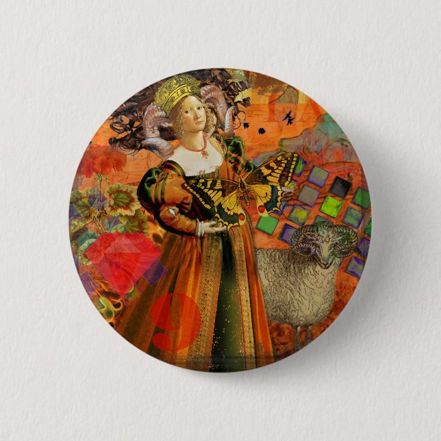 Aries Orange Woman: Gothic Ram Antique Art Collage Button (Front)