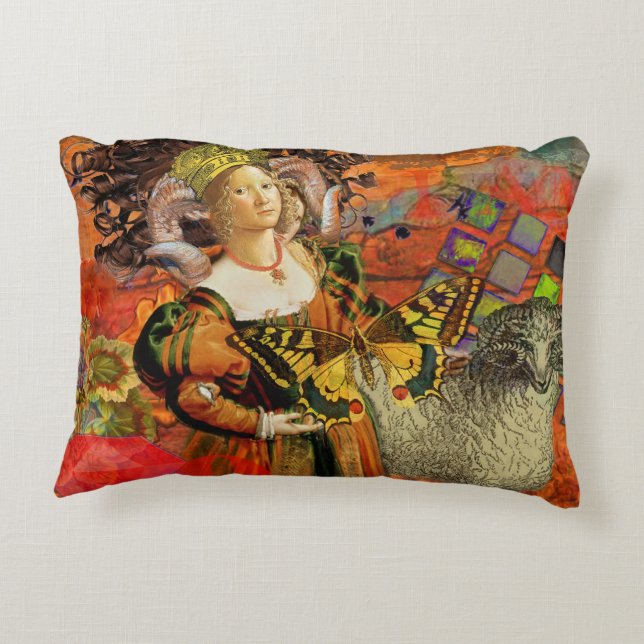 Aries Orange Woman: Gothic Ram Antique Art Collage Decorative Pillow (Back)