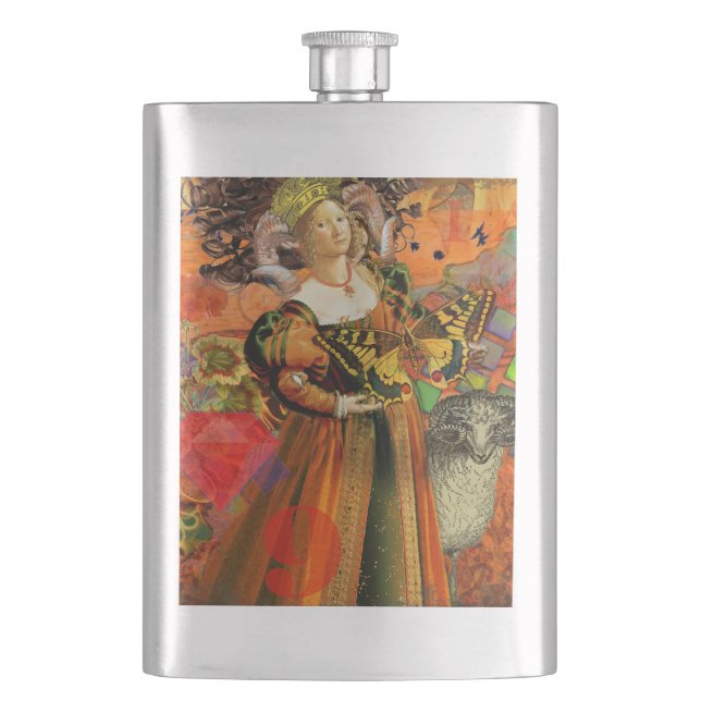 Aries Orange Woman: Gothic Ram Antique Art Collage Flask (Front)