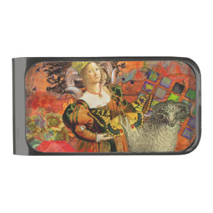 Aries Orange Woman: Gothic Ram Antique Art Collage Gunmetal Finish Money Clip