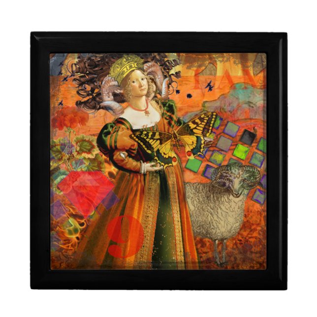 Aries Orange Woman: Gothic Ram Antique Art Collage Jewelry Box (Front)