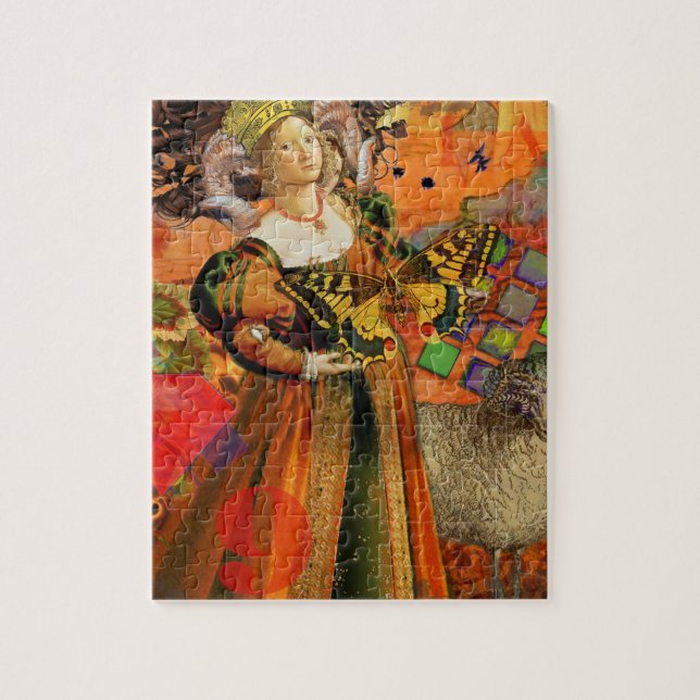Aries Orange Woman: Gothic Ram Antique Art Collage Jigsaw Puzzle (Vertical)