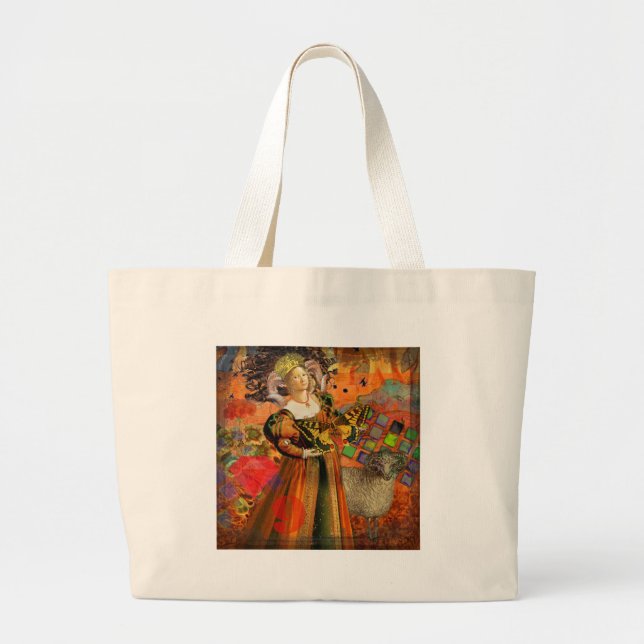 Aries Orange Woman: Gothic Ram Antique Art Collage Large Tote Bag (Front)