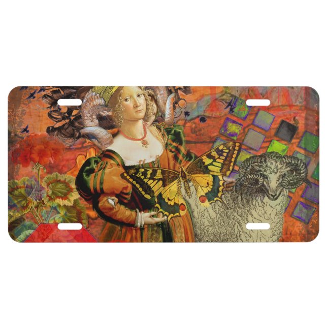 Aries Orange Woman: Gothic Ram Antique Art Collage License Plate (Front)