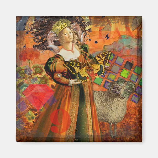 Aries Orange Woman: Gothic Ram Antique Art Collage Magnet (Front)