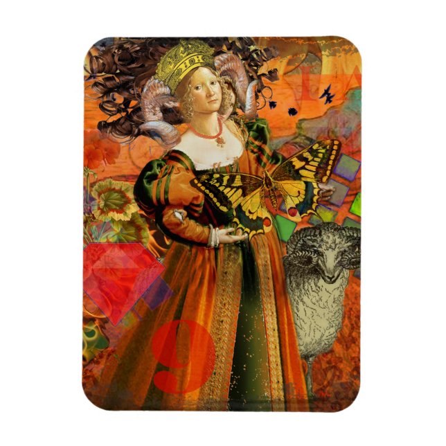 Aries Orange Woman: Gothic Ram Antique Art Collage Magnet (Vertical)