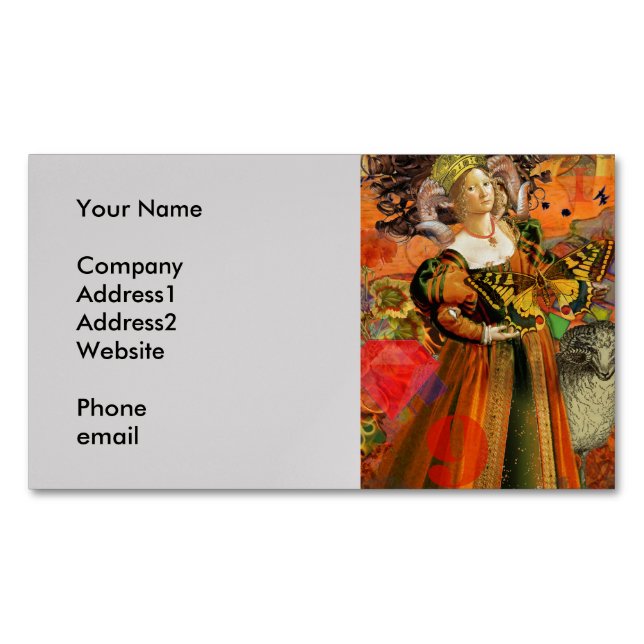 Aries Orange Woman: Gothic Ram Antique Art Collage Magnetic Business Card (Front)