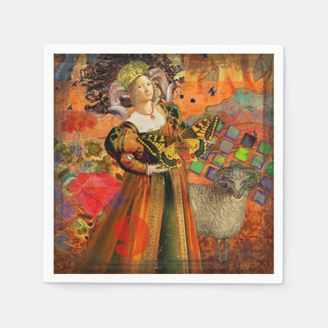 Aries Orange Woman: Gothic Ram Antique Art Collage Napkins (Front)
