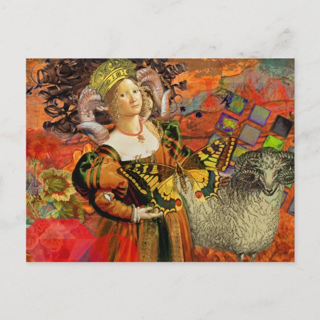 Aries Orange Woman: Gothic Ram Antique Art Collage Postcard (Front)