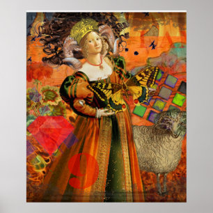 Aries Orange Woman: Gothic Ram Antique Art Collage Poster