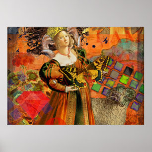 Aries Orange Woman: Gothic Ram Antique Art Collage Poster
