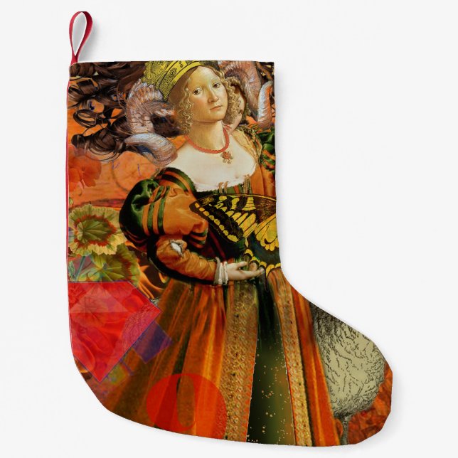 Aries Orange Woman: Gothic Ram Antique Art Collage Small Christmas Stocking (Front)