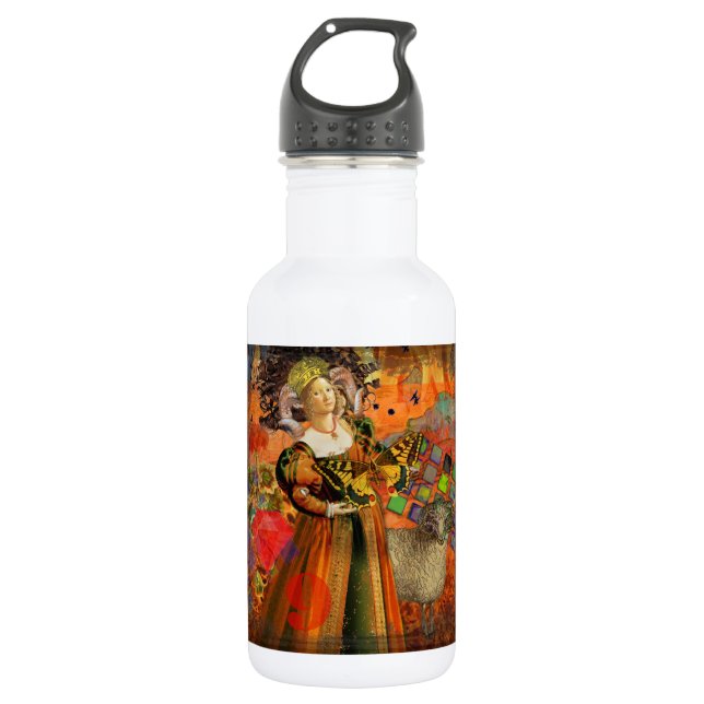 Aries Orange Woman: Gothic Ram Antique Art Collage Stainless Steel Water Bottle (Front)