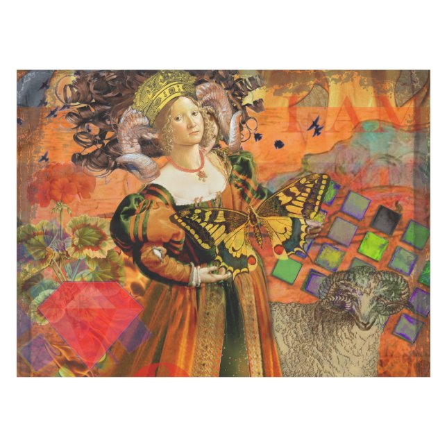 Aries Orange Woman: Gothic Ram Antique Art Collage Tablecloth (Front (Horizontal))