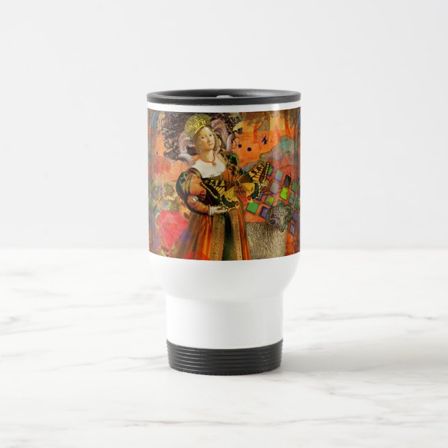 Aries Orange Woman: Gothic Ram Antique Art Collage Travel Mug (Center)