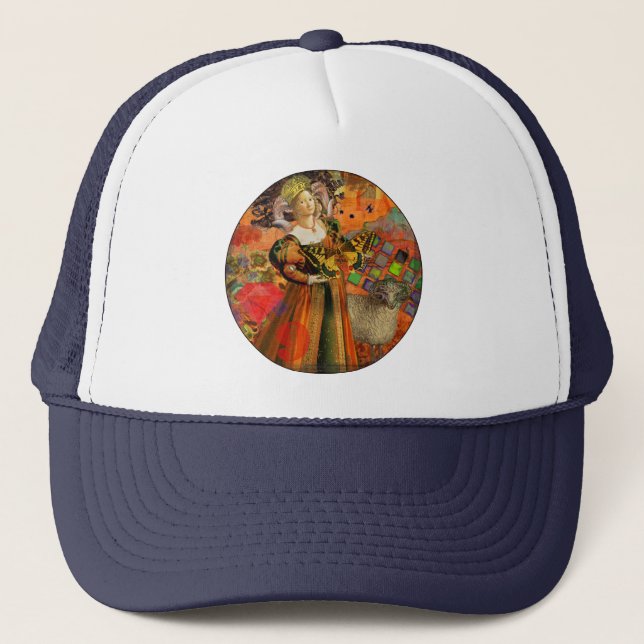 Aries Orange Woman: Gothic Ram Antique Art Collage Trucker Hat (Front)