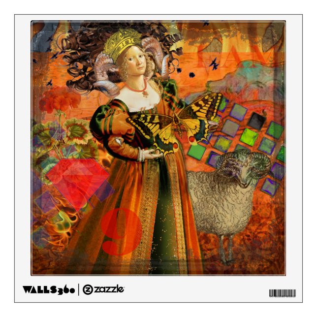 Aries Orange Woman: Gothic Ram Antique Art Collage Wall Decal (Front)