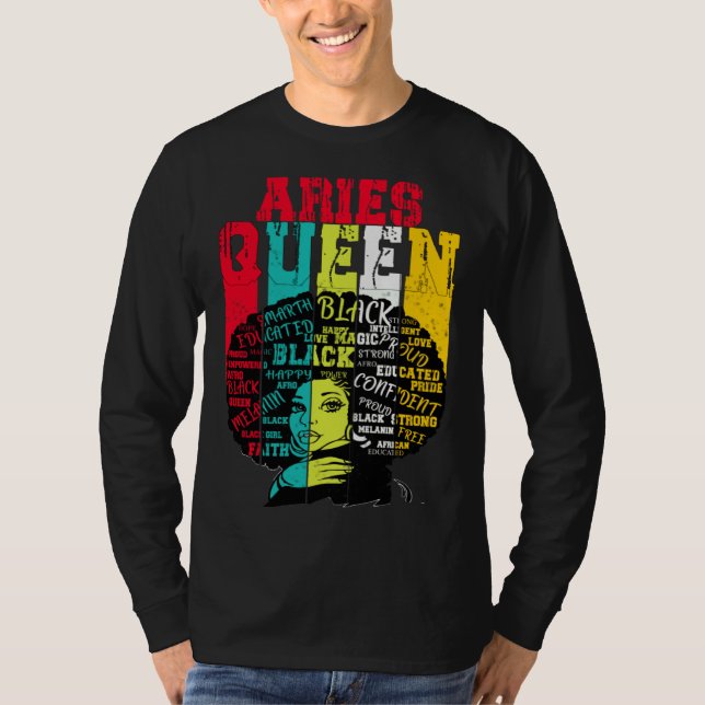 Aries Queen Aries Pride  Black Woman Afro Horoscop T-Shirt (Front)