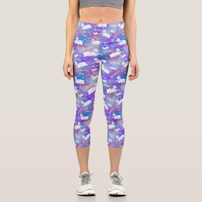 Aries Ram Constellation Stars Birthday Pattern Capri Leggings (Front)