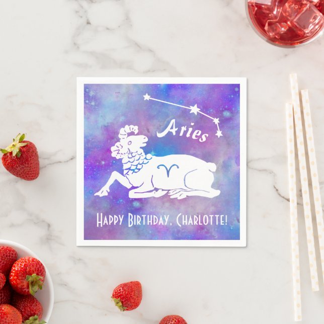 Aries Ram Constellation Stars Custom Name Birthday Napkins (Insitu)