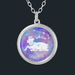 Aries Ram Constellation Stars Custom Name Birthday Silver Plated Necklace<br><div class="desc">This fun necklace design makes the perfect gift for anyone born under the zodiac sign Aries. It includes a vintage ram, plus the constellation and space for the birthday person's name, all in white on a purple-pink starry background. Just use the easy template to add your personalized name. DESIGN TIP:...</div>