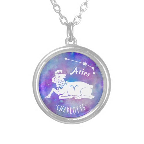 Aries Ram Constellation Stars Custom Name Birthday Silver Plated Necklace
