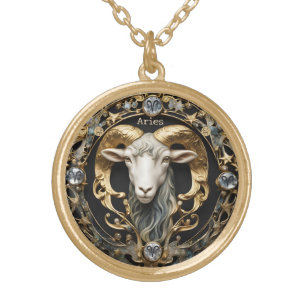 Aries Ram, Diamond and Gold Personalized Gold Plated Necklace