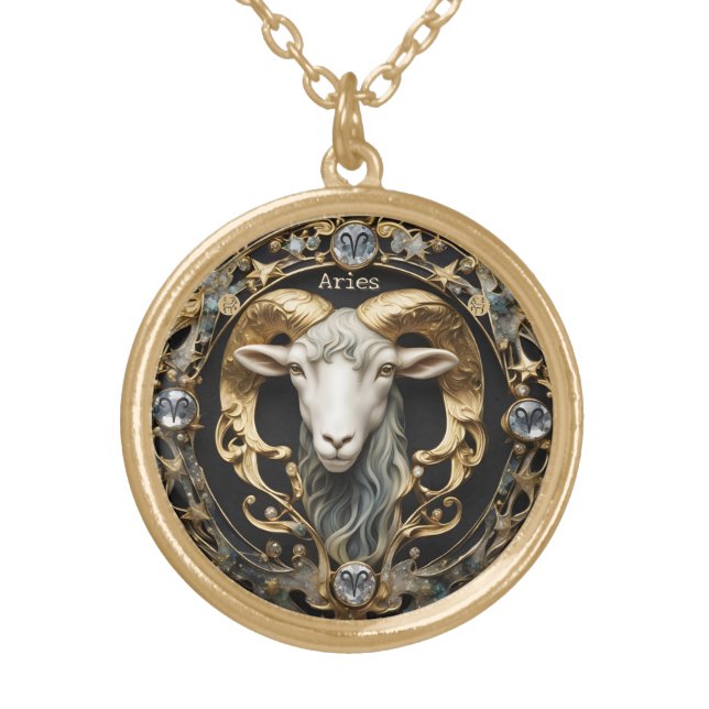 Aries Ram, Diamond and Gold Personalized Plated Necklace (Front)