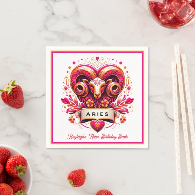 Aries Ram Pink and Orange Zodiac Birthday Napkins (Insitu)