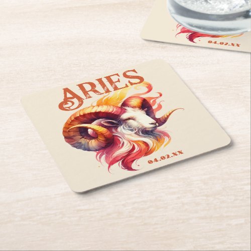 Aries Ram Watercolor Zodiac Sign Custom Birthday Square Paper Coaster