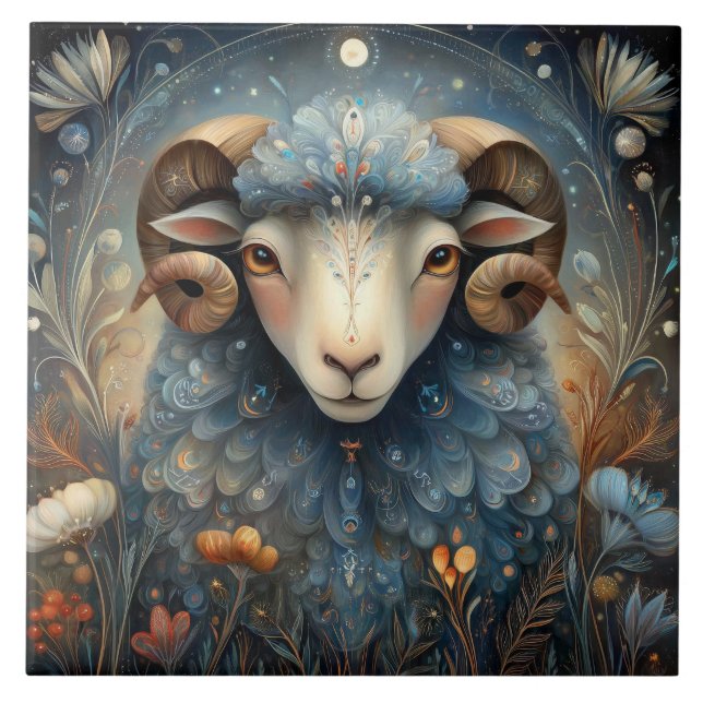 Aries Ram Zodiac Astrology Celestial Birthday Ceramic Tile (Front)