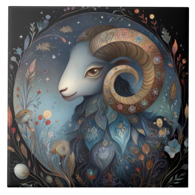 Aries Ram Zodiac Astrology Mystical Birthday Ceramic Tile (Front)