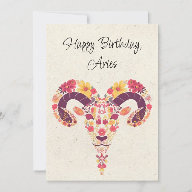 Aries Ram Zodiac Floral Birthday Flat Card (Front)